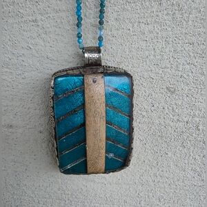 Tibetan Blue & Gold Pendant (2 1/2") with turquoise beaded chain